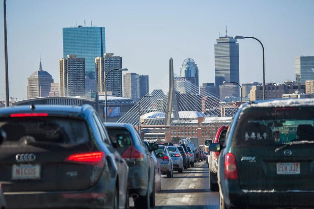 The Boston area ranks sixth for gridlock-plagued commutes in 2014. Here's morning traffic on Route 1 into Boston in February. (Jesse Costa/WBUR)