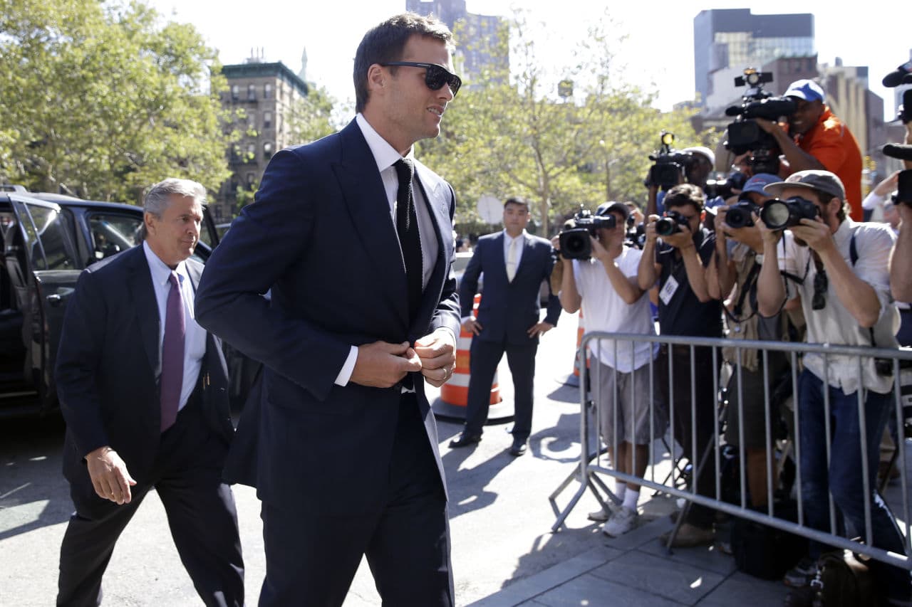 New England Patriots quarterback Tom Brady arrives at federal court, Wednesday in New York, to argue against the punishment he received from the NFL related to a controversy over deflated footballs. (Mary Altaffer/AP)