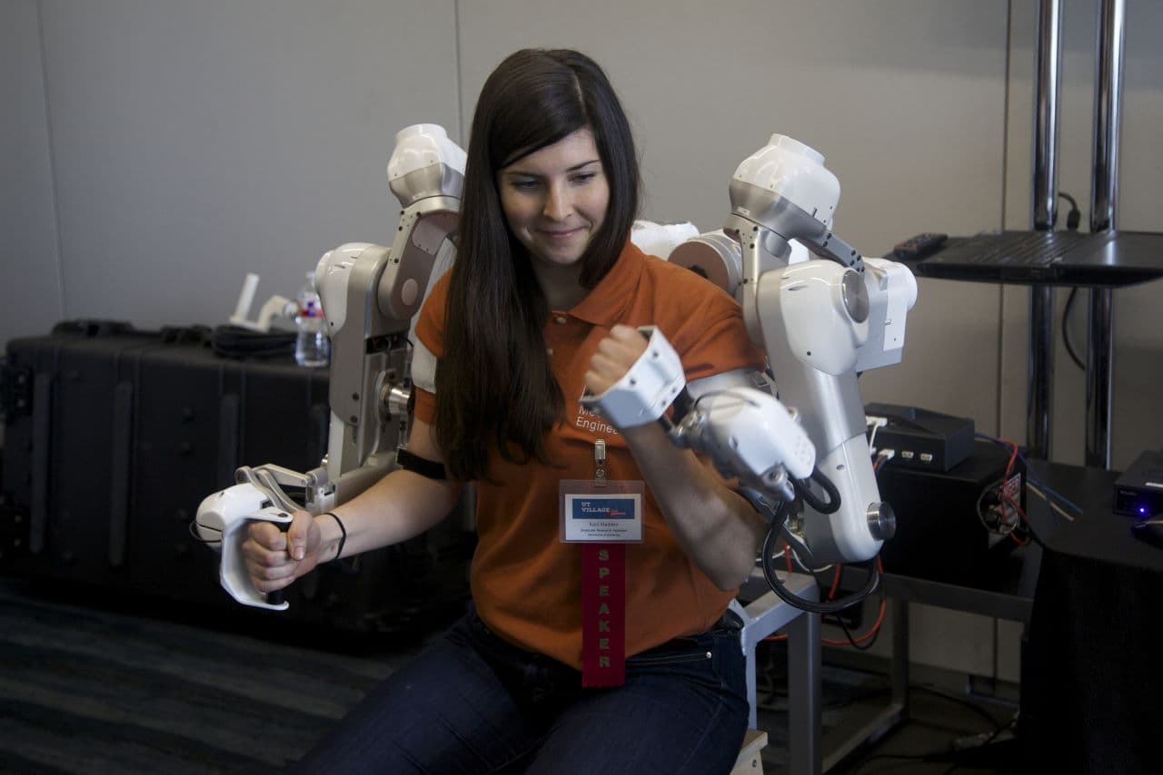 HARMONY is a bimanual exoskeleton for the upper body. It’s been in the design and building process for the past five years, but now it’s been built in full form. (Courtesy, UT-Austin Dept of Mechanical Engineering)