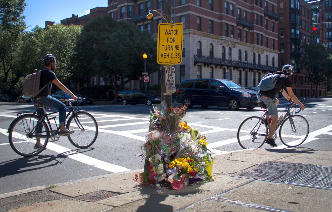 The road sign at the intersection of the fatal crash reads, "Watch for Turning Vehicles." (Hadley Green for WBUR)