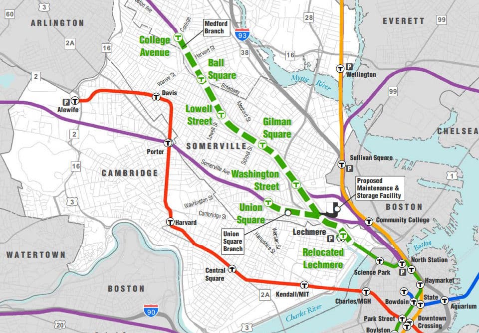 A map of the proposed Green Line extension project. (Mass.gov)