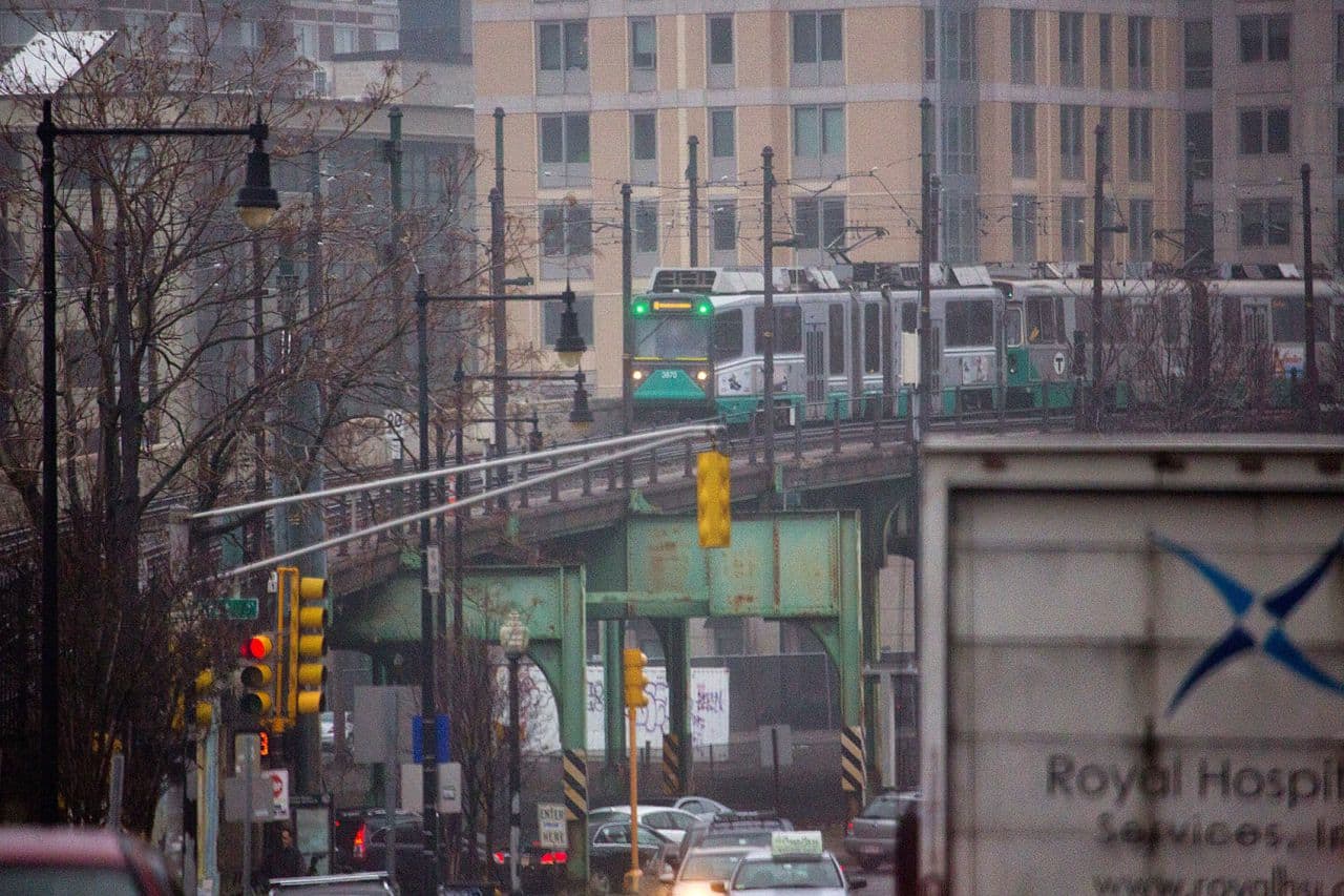 An MBTA Green Line train enters Lechmere Station in Cambridge. (Jesse Costa/WBUR)