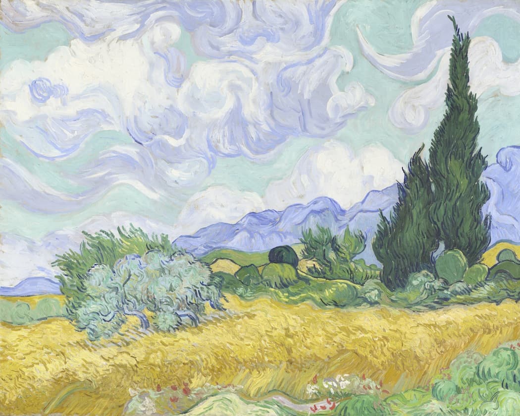Vincent Van Gogh's "A Wheatfield, with Cypresses." (Courtesy, The National Gallery, London, and Clark Art Museum)