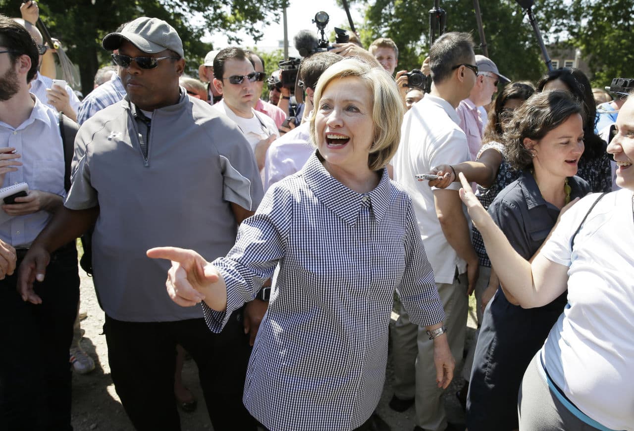 Democratic presidential candidate Hillary Clinton greets fairgoers at the Iowa State Fair Saturday. (Charlie Neibergall/AP)