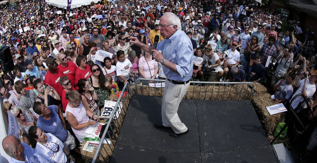 Democratic presidential candidate Bernie Sanders speaks at the Iowa State Fair Saturday. (Charlie Riedel/AP)