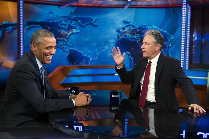 President Barack Obama, left, talks with Jon Stewart, host of "The Daily Show" during a taping on Tuesday, July 21, 2015, in New York. (AP)