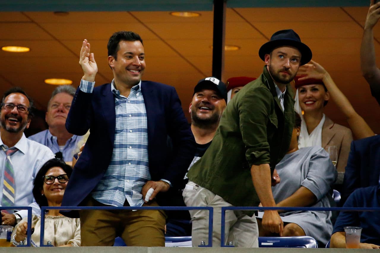 Celebrities Jimmy Fallon and Justin Timberlake enjoy a light moment in the stands at the US Open. (Al Bello/Getty Images) 