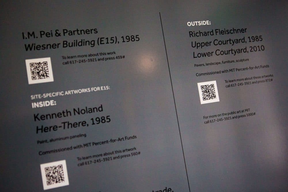 QR codes are seen in the front lobby of the MIT List Visual Arts Center. (Jesse Costa/WBUR)