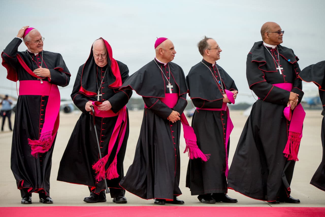 Clergy brace for the wind as they stand along the red carpet on the tarmac at Andrews Air Force Base on Tuesday awaiting Pope Francis' arrival. (Andrew Harnik/AP)