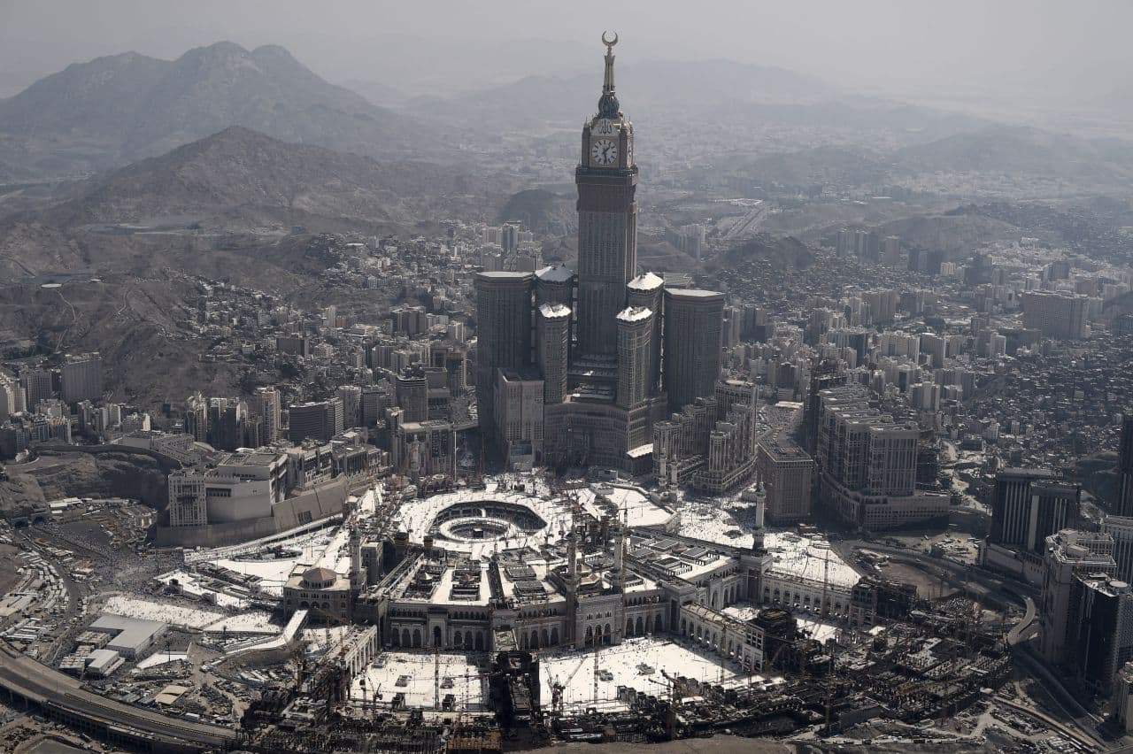 An aerial view of the Clock Tower and the Grand Mosque in the Saudi holy city of Mecca, where prospective pilgrims resume the final day of hajj today. (Mohammed Al-Shaikh/AFP/Getty Images)