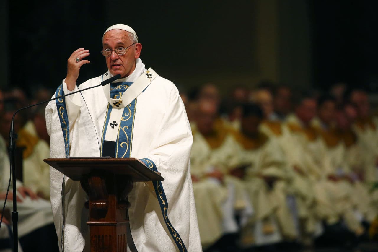 Pope Francis celebrates Mass at the Cathedral Basilica of Sts. Peter and Paul Saturday, Sept. 26, 2015, in Philadelphia. Francis rode by motorcade to the downtown Cathedral and celebrated a Mass for about 1,600 people. (Tony Gentile/AP)