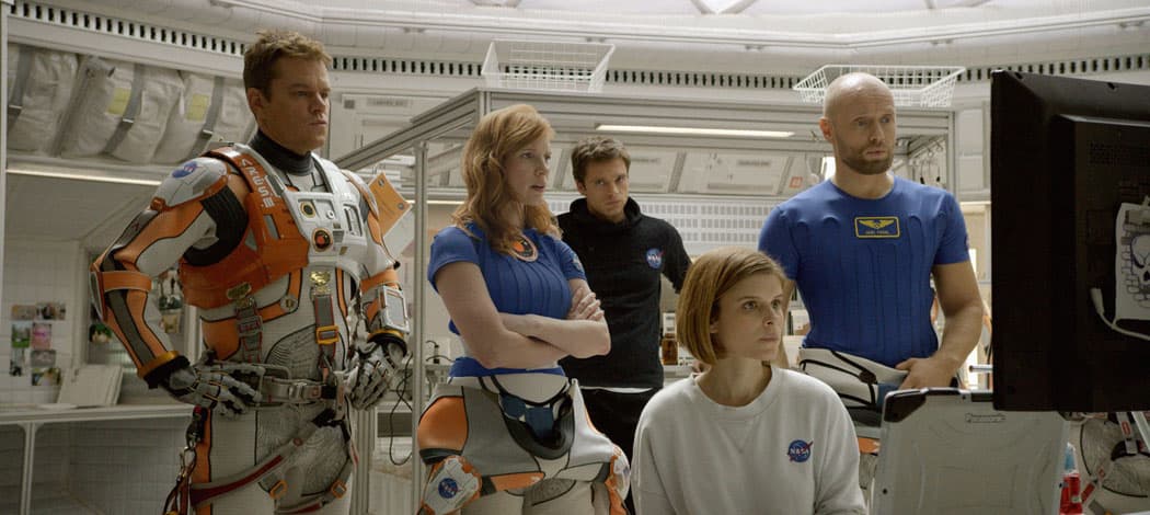 Matt Damon, Jessica Chastain, Sebastian Stan, Kate Mara and Aksel Hennie portray the crew members of the fateful mission to Mars in "The Martian." (Courtesy 20th Century Fox)