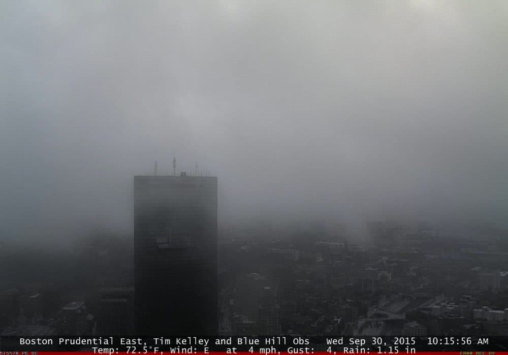 The view from a web camera set atop Boston's Prudential Center. The still was taken at 10:15 a.m. on Wednesday after more than inch of rain reportedly fell on the city. (Courtesy Blue Hill Observatory & Science Center)