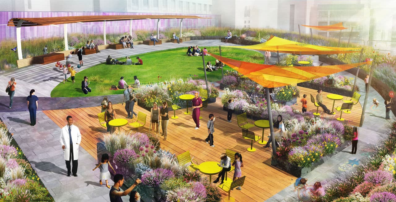A rendering of the rooftop garden planned for Boston Children’s Hospital’s existing main building. Hospital executives say they expect the garden to be completed in the next two years. (Courtesy of Children’s Hospital)