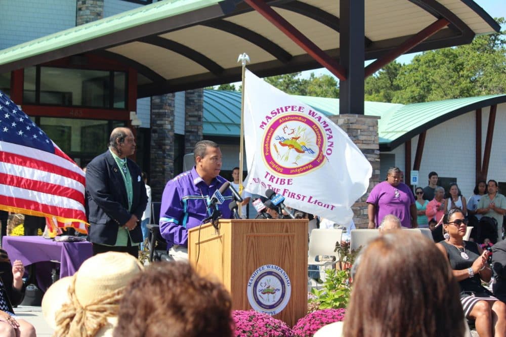 Mashpee Wampanoag Tribal Chairman Cedric Cromwell at a news conference Saturday after the tribe earned federal land in trust status. (The Mashpee Wampanoag Tribe/AP)