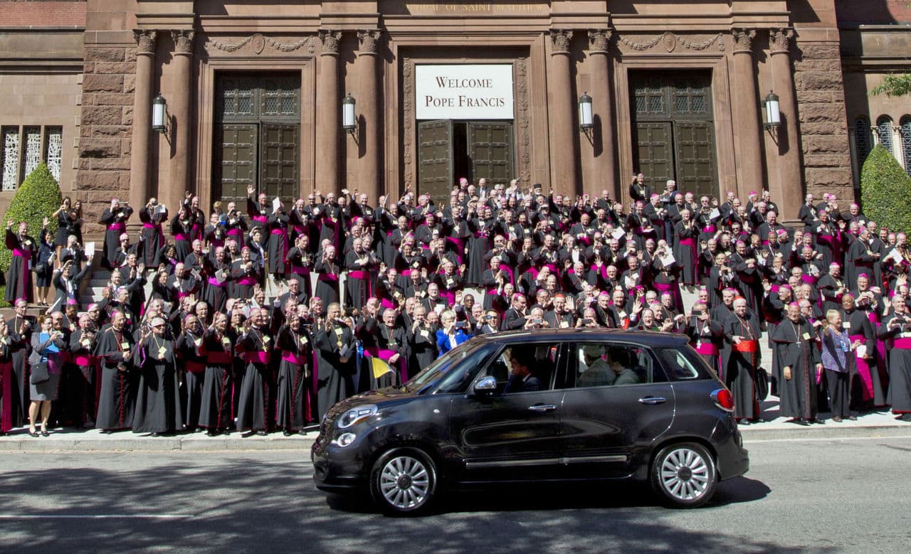 Pope Francis leaves St. Mathews Cathedral in his Fiat 500 after a midday prayer service in Washington. ( Jose Luis Magana/AP)