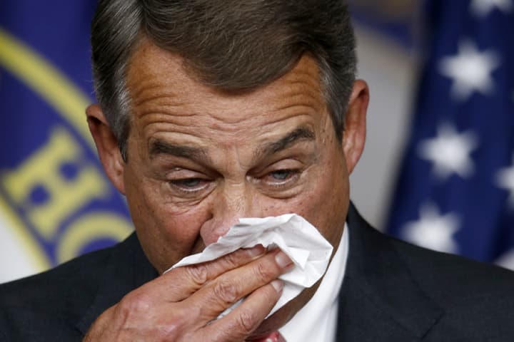 House Speaker John Boehner of Ohio wipes his face during a news conference on Capitol Hill in Washington, Friday, Sept. 25, 2015. In a stunning move, Boehner informed fellow Republicans on Friday that he would resign from Congress at the end of October, stepping aside in the face of hardline conservative opposition that threatened an institutional crisis. (AP)