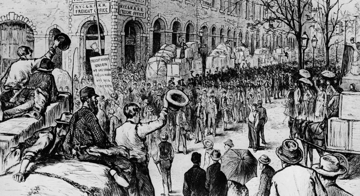 Freight Handlers parade to a union meeting in 1882 in New York. Railroad workers were among the first groups of laborers to organize. (AP)