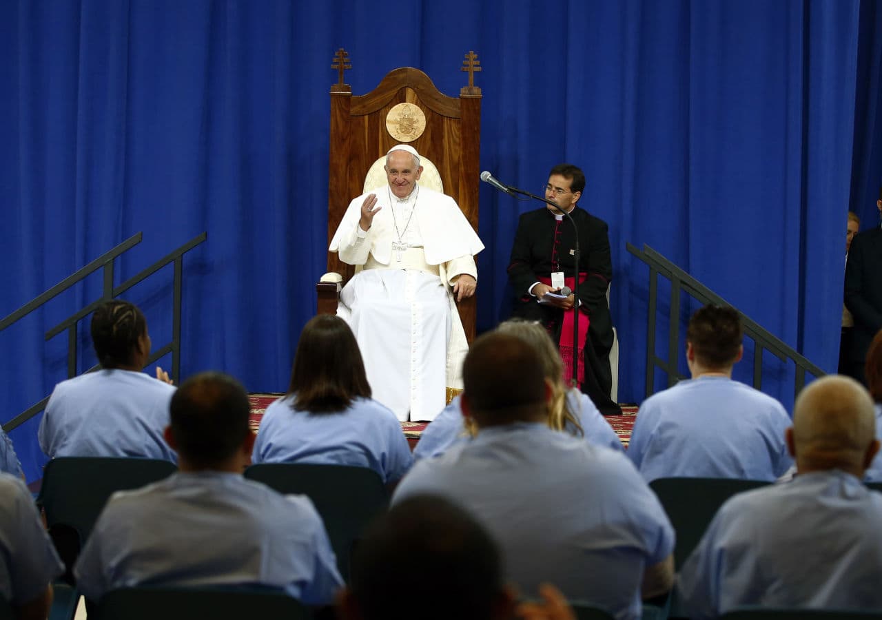 Pope Francis addresses inmates during his visit to Curran-Fromhold Correctional Facility in Philadelphia on Sunday. (Tony Gentile/Pool Photo via AP)