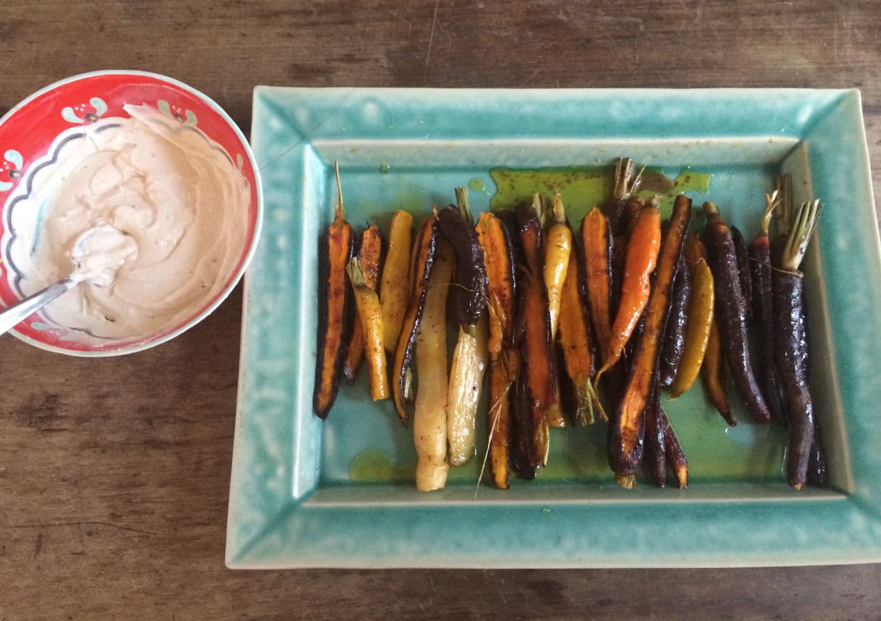 Kathy Gunst's Roasted Carrots with Ras el Hanout and Honey with a Yogurt-Tahini-Lemon Dressing. (Kathy Gunst)