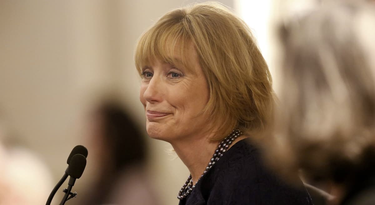 New Hampshire Gov. Maggie Hassan has announced she’s running for the U.S. Senate. In this Jan. 8, 2015 photo, Hassan smiles after she was sworn in to her second two-year term in Concord, N.H. (Jim Cole/ AP)