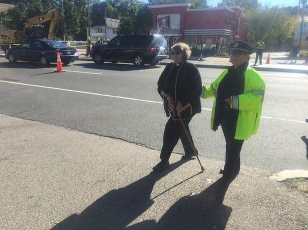The Rev. Martha Niebanck was one of three protesters arrested Tuesday for protesting the construction of the Spectra Energy pipeline in West Roxbury. (Bruce Gellerman/WBUR)