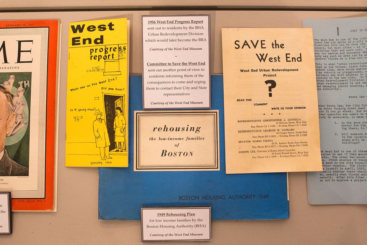 Documents posted at the West End Museum include a "Save the West End" pamphlet. (Jesse Costa/WBUR)