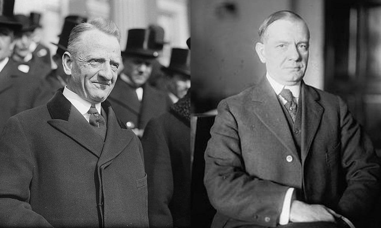 Sen. Carter Glass (D-Va.) on the left and Rep. Henry B. Steagall (D-Ala.) on the right. Glass and Steagall co-founded the Glass-Steagall Act passed in 1933 and repealed in 1999 by President Bill Clinton. (Photo of Sen. Glass from The Mystery Man/Wikimedia; Photo of Rep. Steagall from the U.S. House of Representatives; Collage by Adam sk/Wikimedia)
