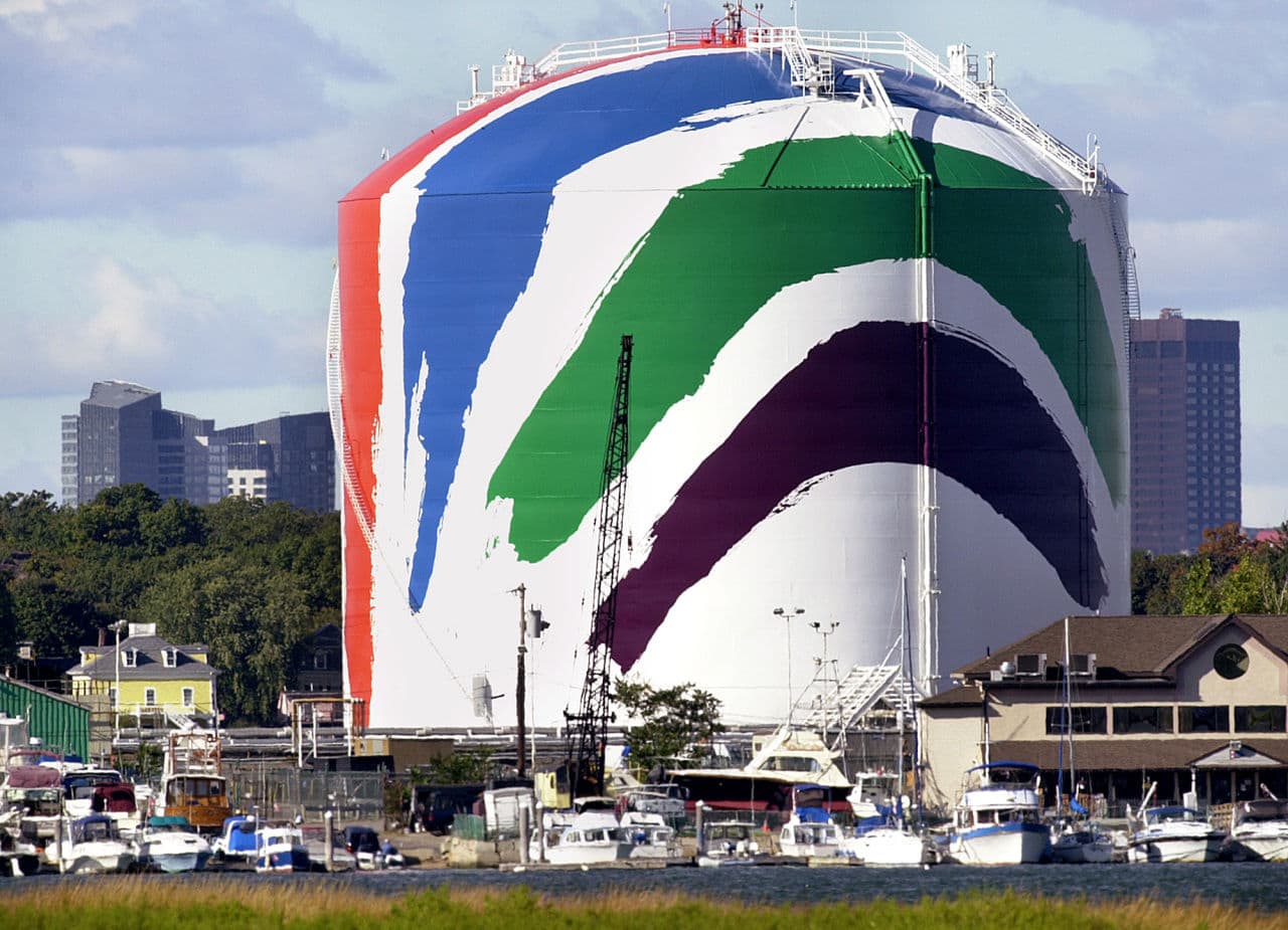 A liquified natural gas storage tank is shown in Boston, Monday, Oct. 8, 2001. Boston, the Northeast's only port for LNG, remained closed Monday, two weeks after the Coast Guard began turning away tankers because of terrorist-related security concerns. (AP Photo/Michael Dwyer)