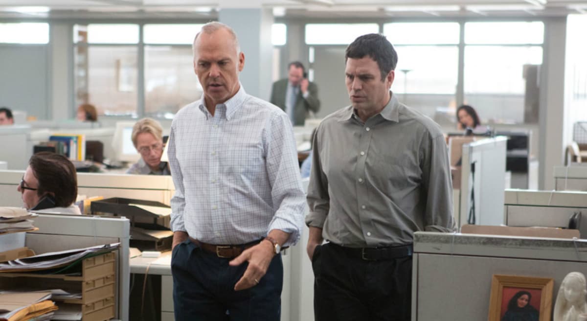 Michael Keaton as Spotlight team editor Walter Robinson, left, and Mark Ruffalo as reporter Michael Rezendes, in a still from the film "Spotlight." (Open Road Films)