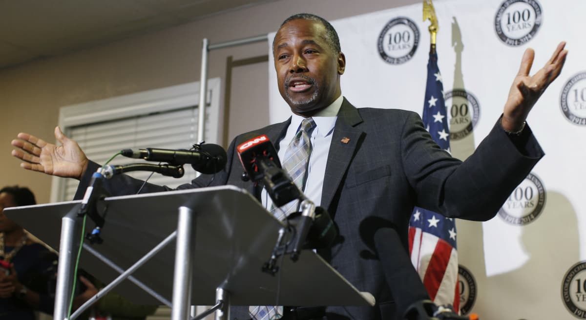 Dr. Ben Carson gestures during a news conference during a campaign stop, Thursday, Oct. 29, 2015, in Lakewood, Colo. The Republican candidate for president has compared both the Affordable Care Act and abortion to slavery. (David Zalubowski/ AP)