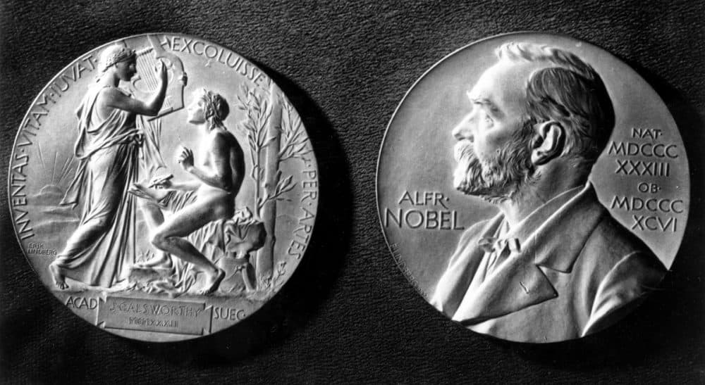 This photo shows both sides of the Nobel Prize Medal. The front side of the medal of the Swedish Academy features a profile of Alfred Nobel, the founder of the prize, with the dates of this birth and death in Latin. The medals are made of 23-karat gold. (AP)