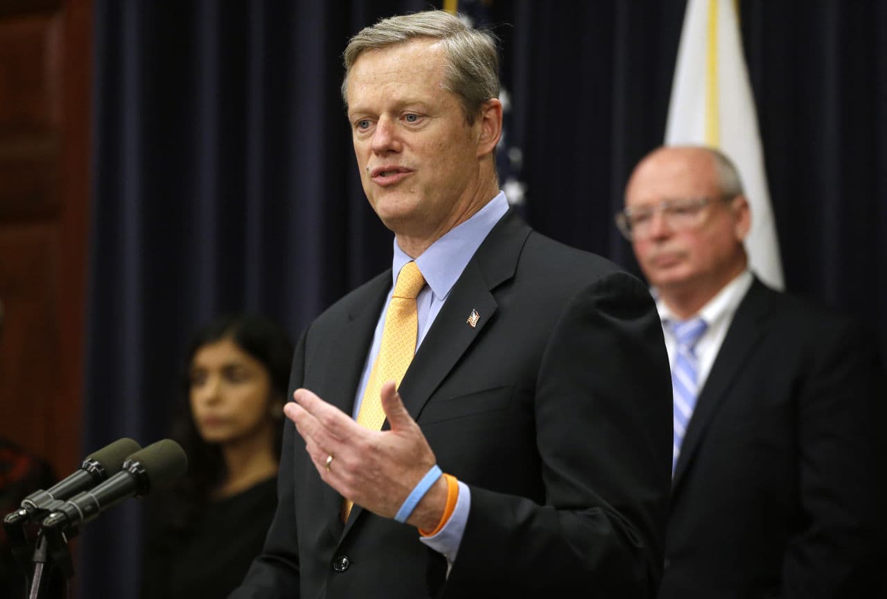 Massachusetts Gov. Charlie Baker faces reporters during a State House press conference, during which he announced legislation aimed at addressing the state’s opioid abuse epidemic, Oct. 15, 2015. (Steven Senne/ AP)