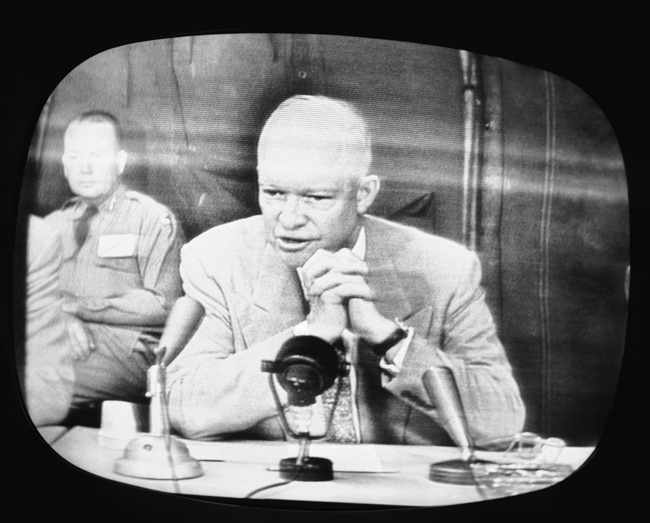 U.S. President Dwight D. Eisenhower, shown on an NBC Television monitor television receiver in New York City, June 15, 1955. (AP)
