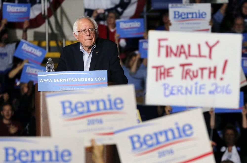 Democratic presidential candidate Bernie Sanders pauses during a campaign rally in Springfield on Saturday. Later that day, Sanders spoke to thousands at a campaign rally in Boston. (Michael Dwyer/AP)