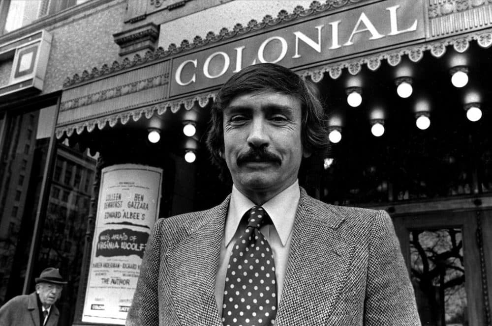 Edward Albee in front of the Colonial Theatre in 1976, which was showing "Who's Afraid of Virginia Woolf." (AP)
