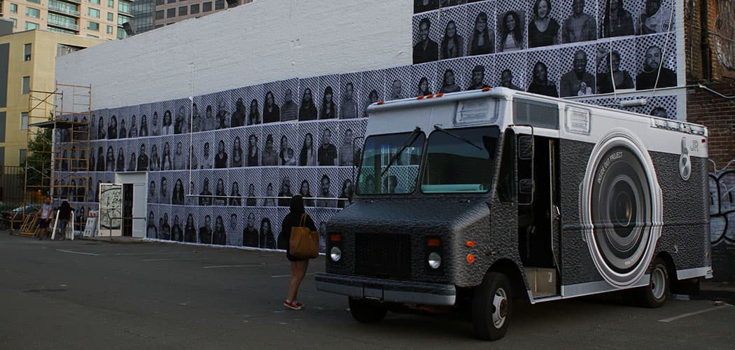 Street artist JR's “Inside Out Photobooth" during a visit to Oakland. (Courtesy)