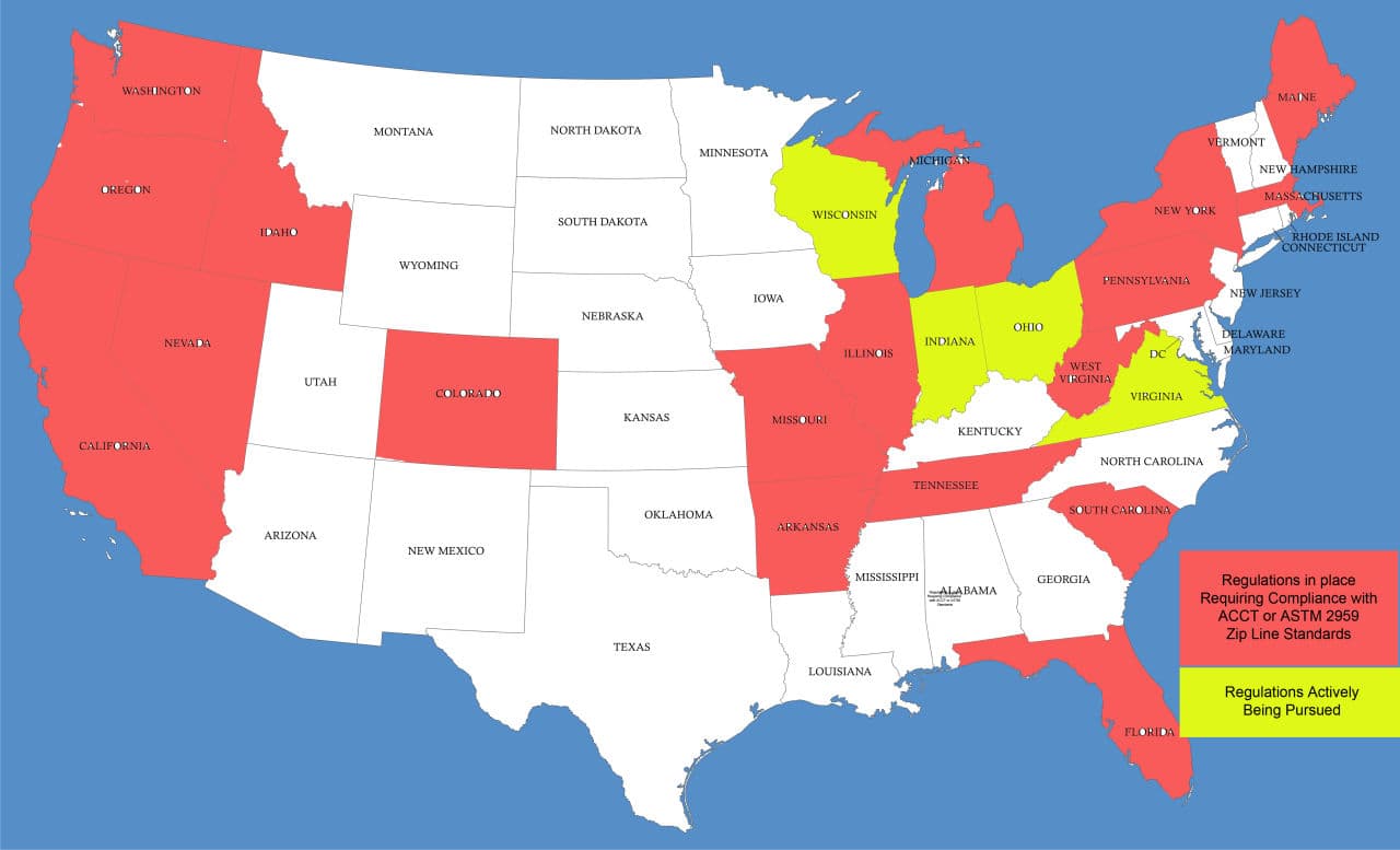 Which states have zipline regulations (Source: Association for Challenge Course Technology)
