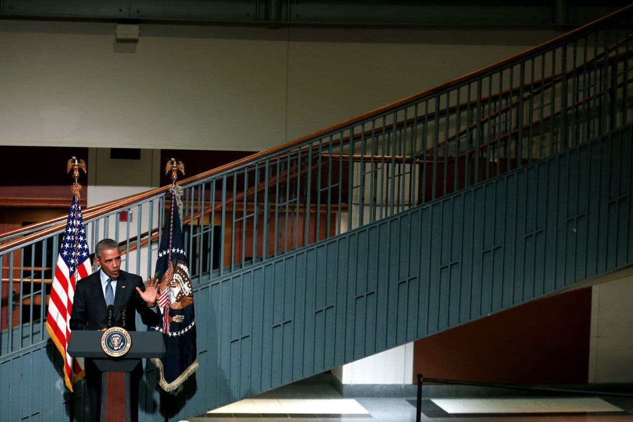 President Barack Obama speaks during a visit to the Newark campus of Rutgers University Monday in Newark, N.J. More than half a million people leave U.S. prisons each year, but many are soon back behind bars. Obama called for breaking that cycle of incarceration. (Julio Cortez/AP)