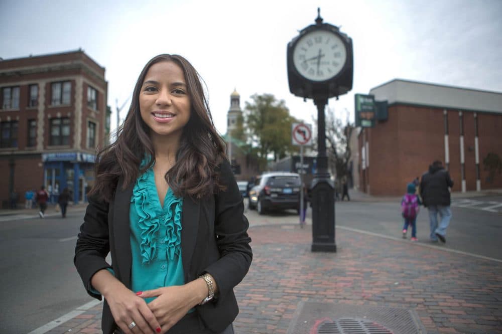 Newly elected Judith Garcia, 24, will be one of six Latinos on the Chelsea City Council. Here she is in Bellingham Square on Tuesday. (Jesse Costa/WBUR)