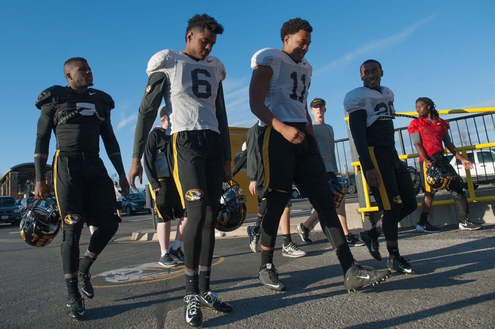 COLUMBIA, MO - NOVEMBER 10: Members of the University of Missouri Tigers Football Team return to practice at Memorial Stadium at Faurot Field on November 10, 2015 in Columbia, Missouri. The university looks to get things back to normal after the recent protests on campus that lead to the resignation of the school's President and Chancellor on November 9. (Photo by Michael B. Thomas/Getty Images)