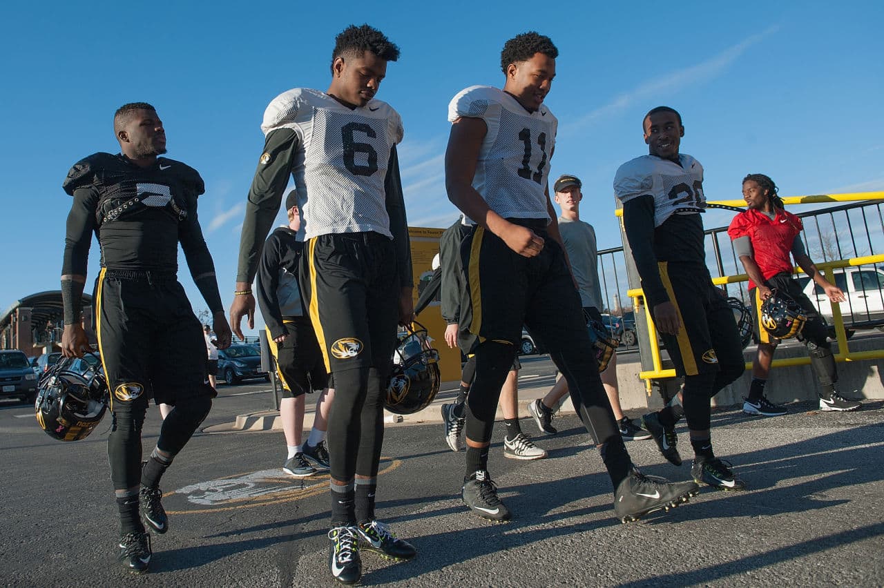 COLUMBIA, MO - NOVEMBER 10: Members of the University of Missouri Tigers Football Team return to practice at Memorial Stadium at Faurot Field on November 10, 2015 in Columbia, Missouri. The university looks to get things back to normal after the recent protests on campus that lead to the resignation of the school's President and Chancellor on November 9. (Photo by Michael B. Thomas/Getty Images)