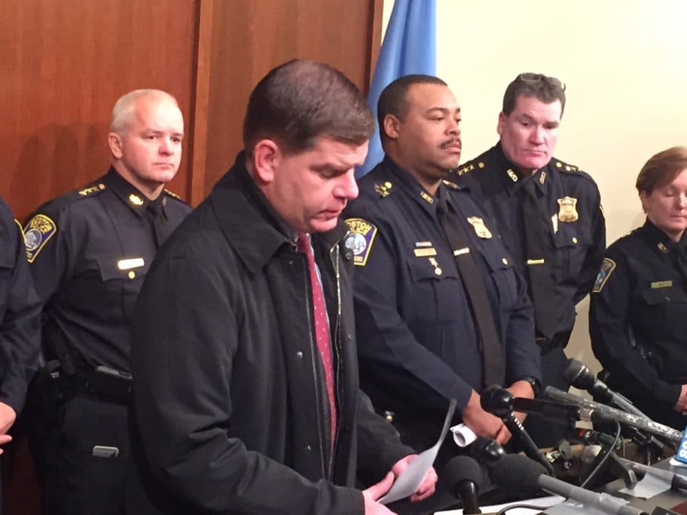 Boston Mayor Marty Walsh speaks with reporters about security in the city following the deadly attacks in Paris. (Jack Lepiarz/WBUR)