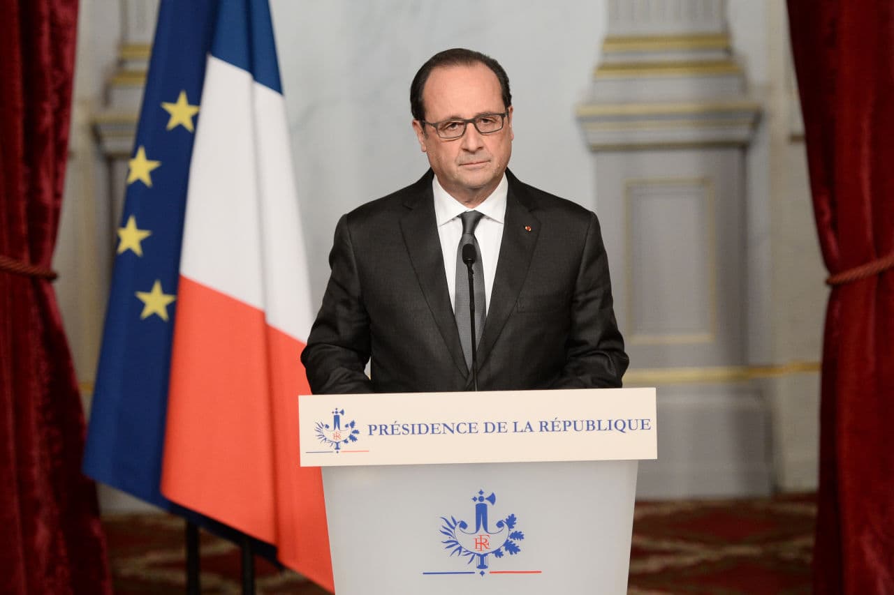 French President Francois Hollande speaks at the Elysee Palace in Paris on Saturday, following a series of coordinated attacks in the city. Hollande blamed the Islamic State group for the attacks in Paris, calling them an "act of war". (Stephane de Sakutin/Pool Photo via AP)