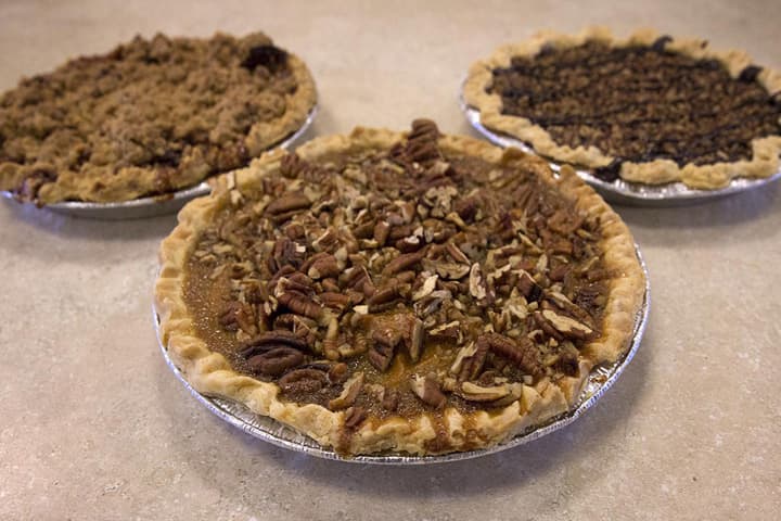 Three of baker Renee McLeoud's delicious pies, on display in the WBUR studios. (Robin Lubbock/WBUR)