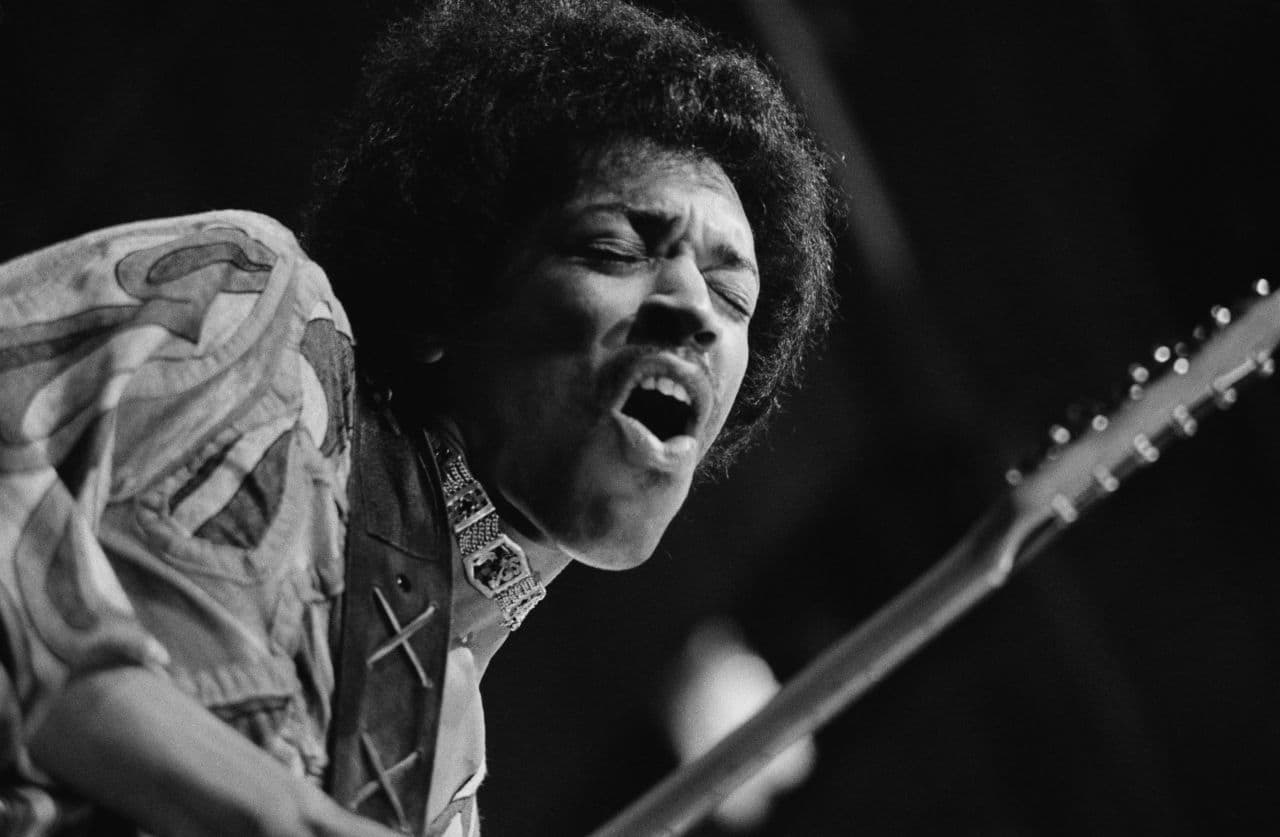 The late rock guitar virtuoso Jimi Hendrix during a performance at the Isle of Wight Festival in August 1970. He called Ace of Cups "groovy," and said lead guitarist Mary Simpson-Mercy was "hell—really great." (Evening Standard/Getty Images)