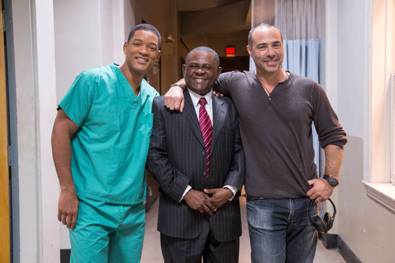 Will Smith, Dr. Bennet Omalu, and director Peter Landesman on the "Concussion" set (Courtesy Columbia Pictures)