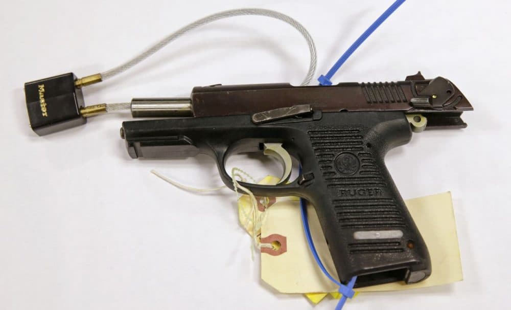 This Ruger pistol was presented as evidence during the trial of Boston Marathon bomber Dzhokhar Tsarnaev. Authorities say Stephen Silva loaned the gun to Tsarnaev, and that it was used to kill MIT police officer Sean Collier. (Charles Krupa/AP)