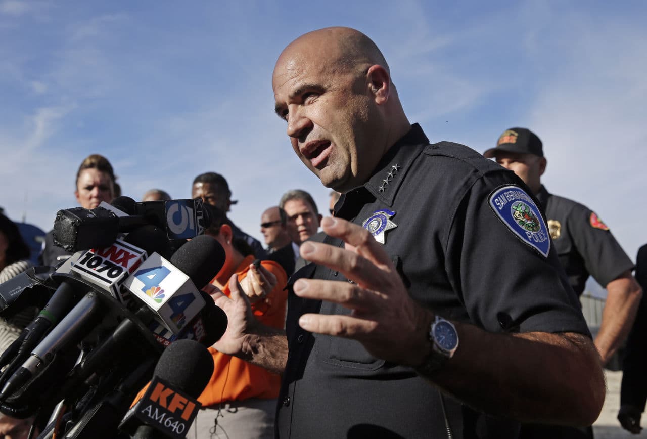 San Bernardino Police Chief Jarrod Burguan talks to the media near the the site of a mass shooting Wednesday. (Chris Carlson/AP)