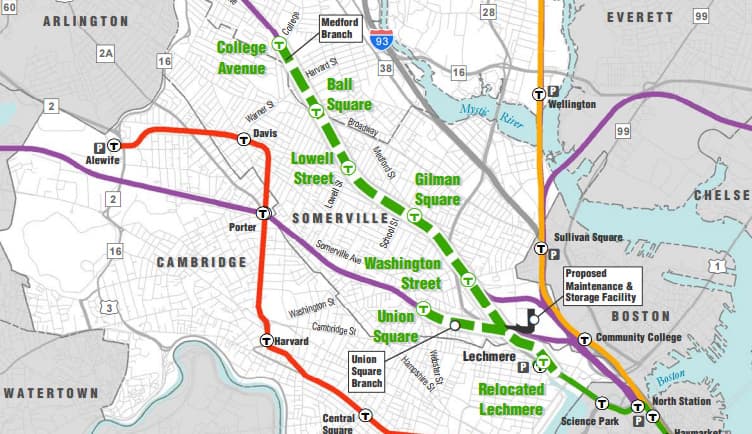 A map of the proposed Green Line extension to Somerville and Medford. (Source: MBTA)